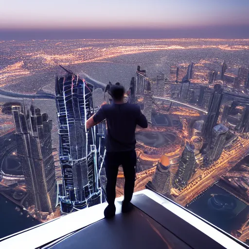 Image similar to closeup of a man [ standing on the pinnacle of the burj khalifa ]!!, holding a camera, viewing out into a futuristically adequate city, dusk atmosphere, digital art, [ synthwave style ]!!, golden ratio!!, centered!!