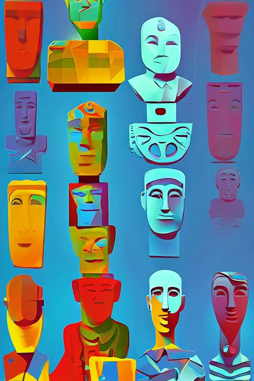 Image similar to cubist moai statue cutout digital illustration cartoon colorful beeple