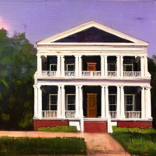 Prompt: oil painting of Greek Revival white mansion surrounded by a cast iron fence, dynamic lighting, award-winning