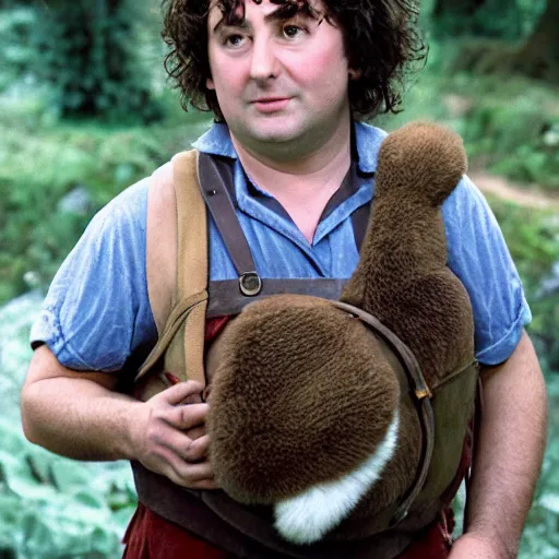 Image similar to clean shaven pudgy British lad with short curly dark brown hair as a hobbit wearing a white men's crossbody sling chest bag and blue vest standing next to a giant rabbit, high resolution film still, movie by Peter Jackson
