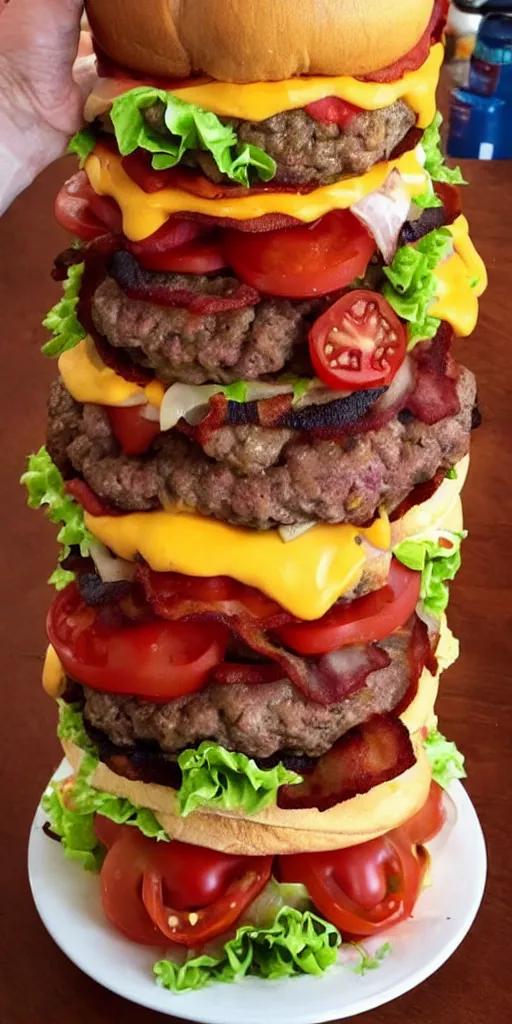 Image similar to a cheeseburger tower made of gigantic stacks of meat patties, bacon, onion rings, tomatoes, lettuce and cheese slices with a bun on each side, delicious looking burger - stack - tower