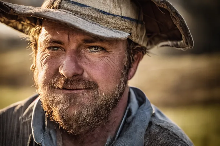 Image similar to a headshot portrait of a farmer, stood outside a wooden cabin, ultra realistic, dramatic lighting