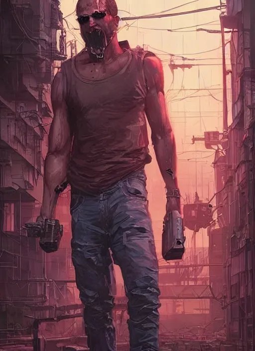 Image similar to Dumb Bubba. Buff cyberpunk meathead losing a fight. Realistic Proportions. Epic painting by James Gurney and Laurie Greasley. Moody Industrial setting. ArtstationHQ. Creative character design for cyberpunk 2077.