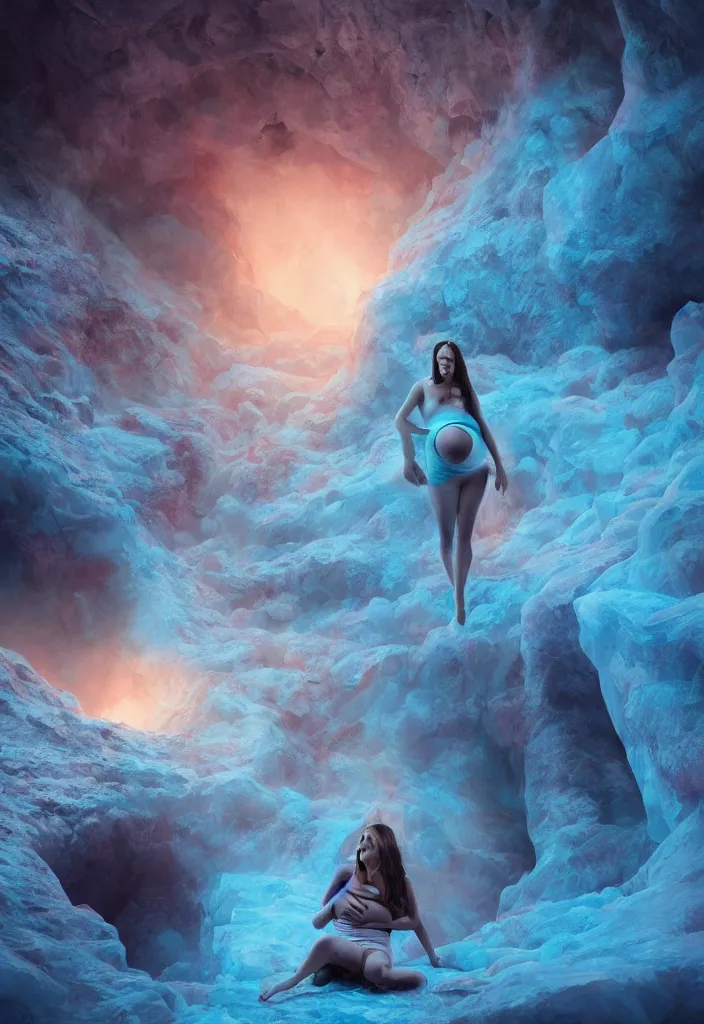 Image similar to epic pregnant woman talking to all her tribe with fluorescence bodies, proud people gather around the pregnant woman, ice cave, facinating, fantasy digital art, octane render, beautiful coherent composition, trending on artstation, matte painting, masterpiece