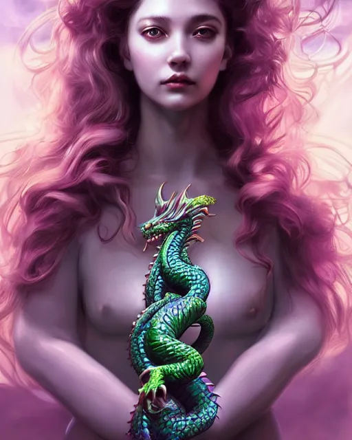 Prompt: cute female medusa woman dragon chimera of iridescent liquid, alchemy, shiny plastic, intricate, bloom, detailed, volumetric lighting, sharp focus, photorealism, digital painting, highly detailed, concept art, by by artgerm and wlop