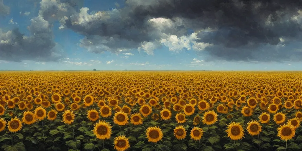 Image similar to Hyper realistic oil painting of an endless sunflower field, high contrast, deep and bright colors, blue skies, cinematic, by greg rutkowski