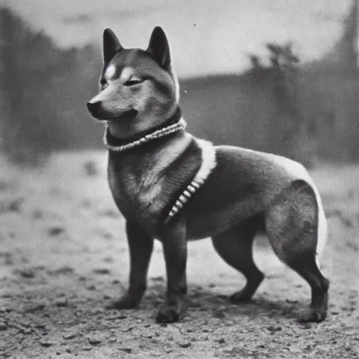 Prompt: photorealistic shiba inu in outlaw gear in the wild west old 1890s photograph