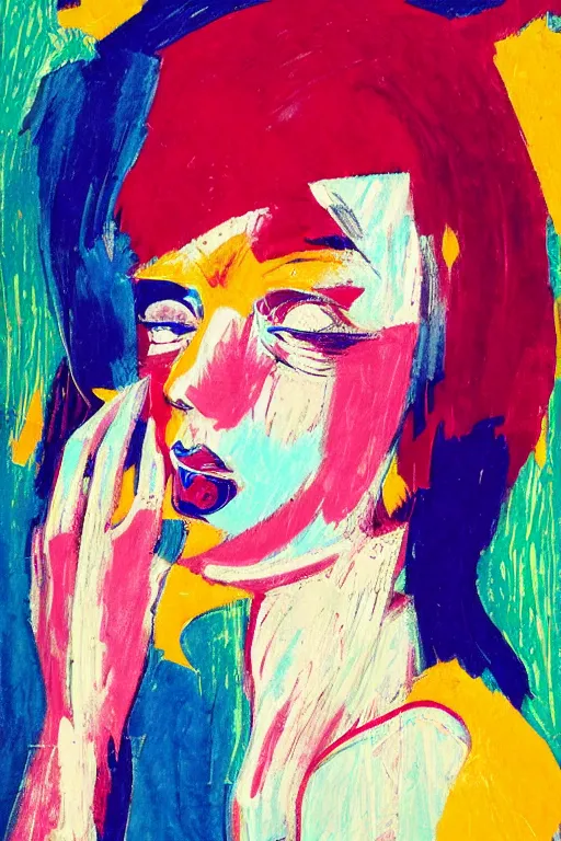 Prompt: 🤤 girl portrait, abstract, rich in details, modern composition, coarse texture, concept art, visible strokes, colorful, Kirchner, Gaughan, Caulfield, Aoshima, Earle