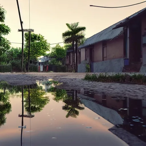 Image similar to still photo of rain puddles and reflections in an indian village, cloudy weather, highly detailed, photorealistic shot, bright studio setting, studio lighting, crisp quality and light reflections, unreal engine 5 quality render