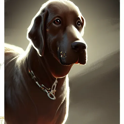 Image similar to big friendly dog with drool on face staying on bottom legs in full height near closed doors with big gate value, concept art, trending on artstation, highly detailed, intricate, sharp focus, digital art, 8 k