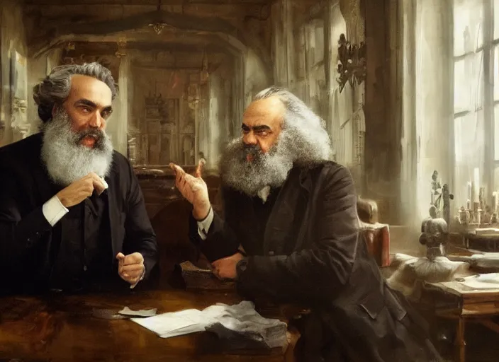 Prompt: Jordan Peterson having a conversation with Karl Marx by Greg Rutkowski, 4k, masterpiece