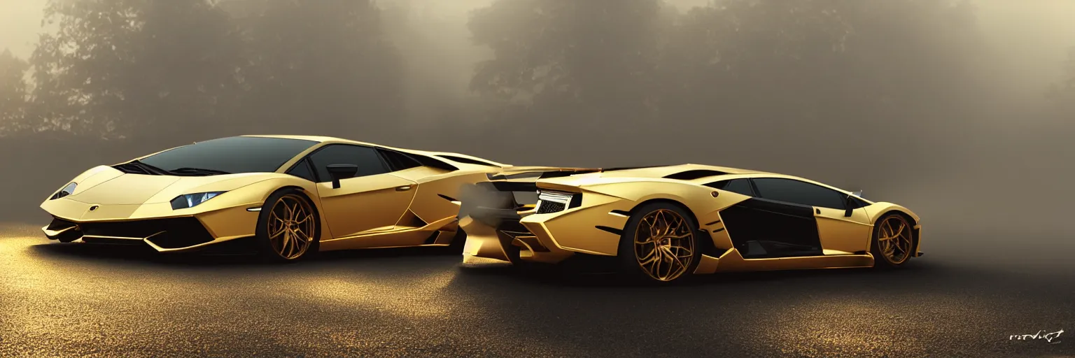 Image similar to parked lamborghini sian, fog, volumetric lighting, beautiful, golden hour, golden ratio, sharp focus, highly detailed, cgsociety