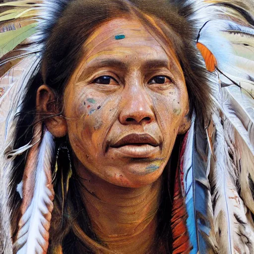 Image similar to high quality high detail painting by jenny saville, hd, a skinny beautiful indigenous woman tribe leader, hair in wind, many pretty feathers, muted colors, cream color, photorealistic lighting