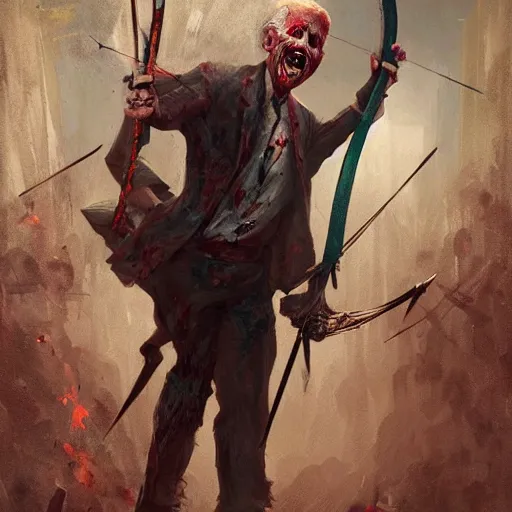 Image similar to zombie joe biden with a bow and arrow geog darrow greg rutkowski