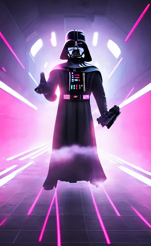 Image similar to darth vader synth wave retro wave vapor wave white and pink lighting and clothes and tech cyberpunk style ultra realistic high quality highly detailed 8 k