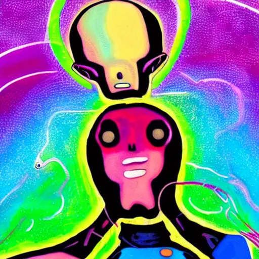 Image similar to artistic depiction of an alien being controlling a human, very colourful, enigmatic and hypnotizing art