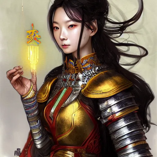 Image similar to beautiful and divine and holy and elite and colorlpunk three kingdom chinese female armor knight portrait like twice tzuyu+shinnyy eyes+front face with light flowing hair, ultradetail face, art and illustration by tian zi and craig mullins and WLOP and alphonse mucha, fantasy, intricate complexity, human structure, human anatomy, fantasy character concept, watermark, blurry, hyperrealism 8k