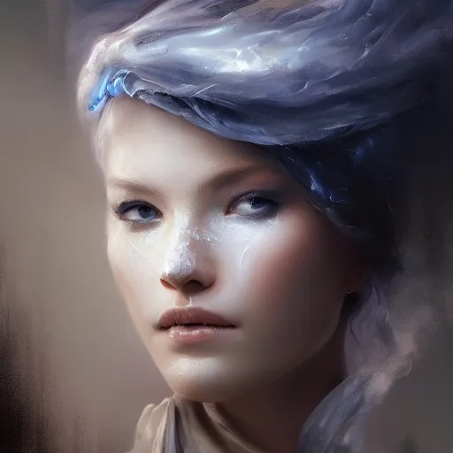 Prompt: a painting of a cloud goddess with a veil on her head, a hyperrealistic painting by Raymond Swanland, featured on cgsociety, fantasy art, daz3d, artstation hd, hyper-realistic