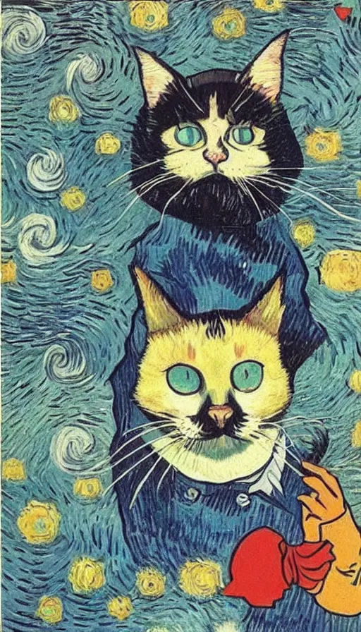 Image similar to onde cat walking on the mono killing the devil style van gogh