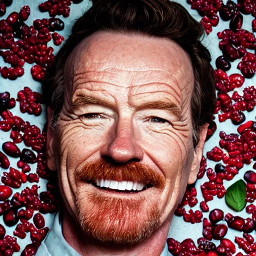 Image similar to closeup portrait of bryan cranston happy face surrounded by cranberries, food photography, natural light, sharp, detailed face, magazine, press, photo, steve mccurry, david lazar, canon, nikon, focus