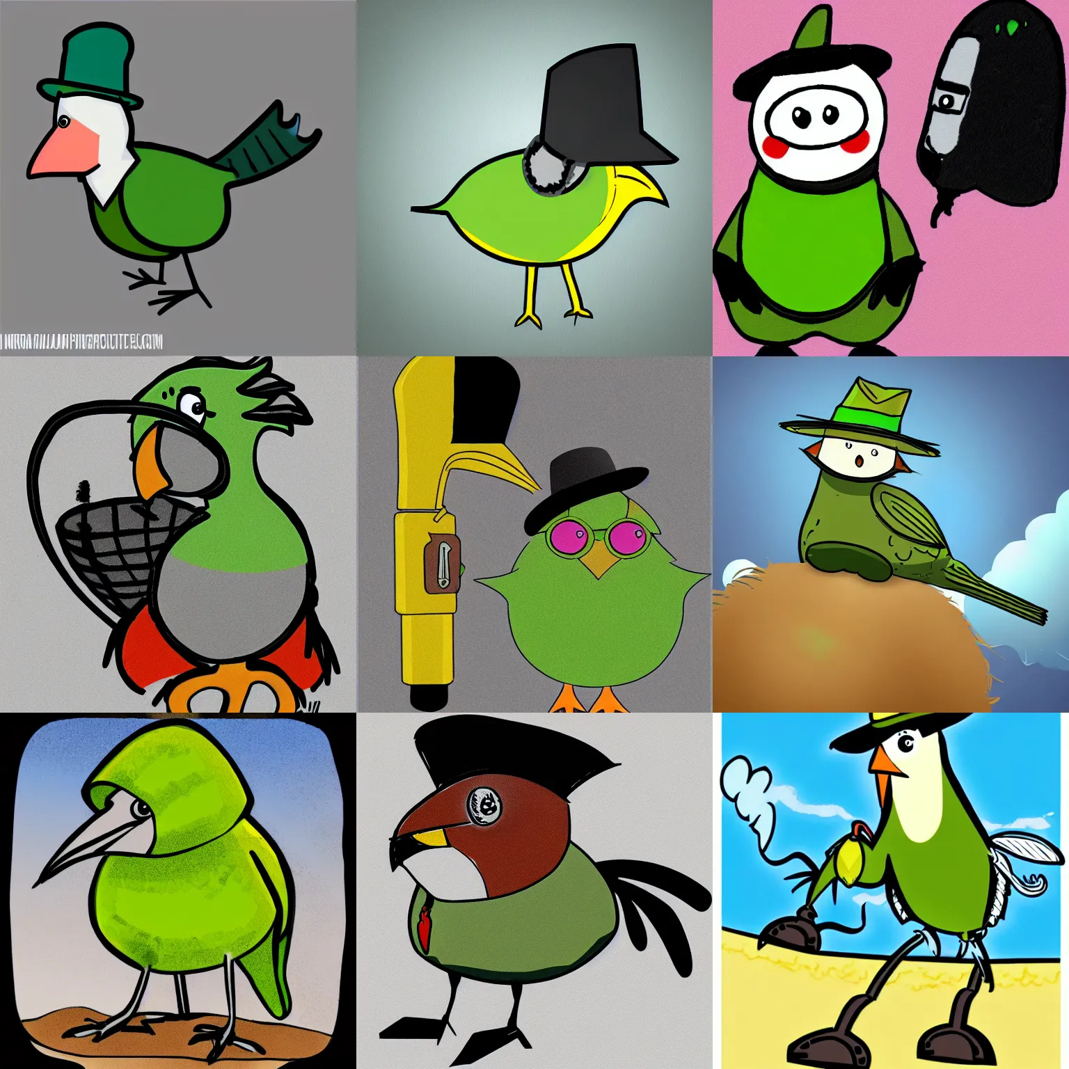 Prompt: a kiwi bird with a jetpack and a detective hat / cartoon style