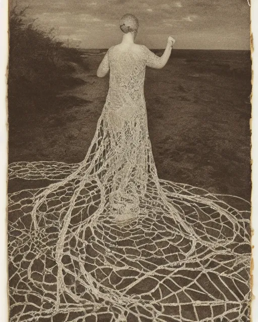 Image similar to a woman standing at the shore, made of intricate decorative lace leaf skeleton, in the style of the dutch masters and gregory crewdson, dark and moody