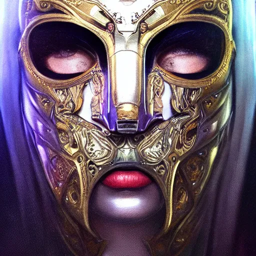 Prompt: Very very very very highly detailed epic photo of face with venetian mask, intricate, dystopian, sci-fi, extremely detailed, digital painting, artstation, concept art, smooth, sharp focus, illustration, intimidating lighting, incredible art by Artgerm and Vincent di Fate