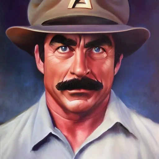 Image similar to ultra realistic portrait painting of tom selleck as super mario, art by frank frazetta, 4 k, ultra realistic, highly detailed, epic lighting