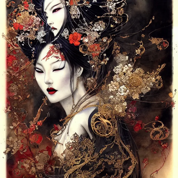 Prompt: asian geisha watercolor painting by yoshitaka amano, daniel merriam, ayami kojima, peter mohrbacher, intricate detail, artstation, artgerm, in the style of darkness - fantasy, rococo, gold leaf art