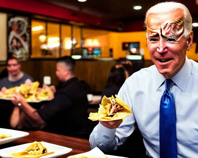 Prompt: a photo of joe biden eating asian wonton tacos at the applebee's