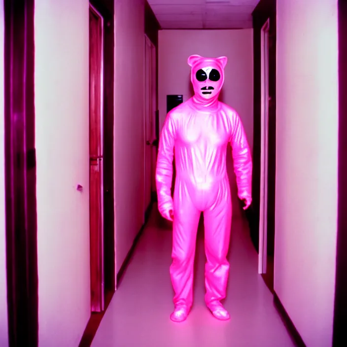 Image similar to a man in a pink morphsuit in a well - lit plain white hallway, double doors, orange eyes, linoleum floor, 3 5 mm, film shot, nightmare, horror