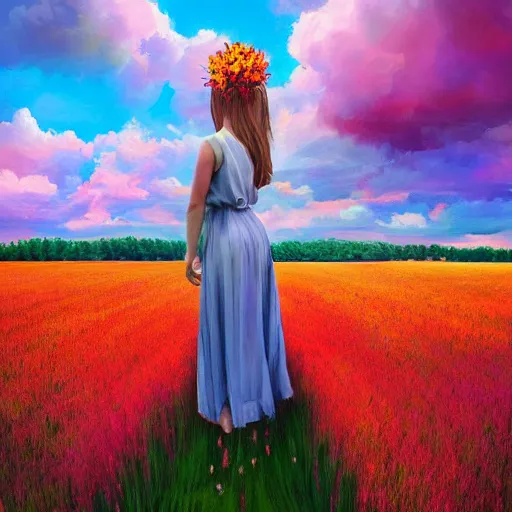 Image similar to giant gladiola flower as head, full body girl standing in a flower field, surreal photography, sunrise, dramatic light, impressionist painting, colorful clouds, digital painting, artstation, simon stalenhag