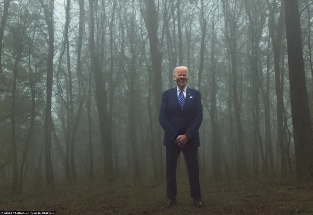 Image similar to low quality iphone photo of joe biden standing ominously deep in the foggy woods with a demonic smile in his face, low visibility creepy