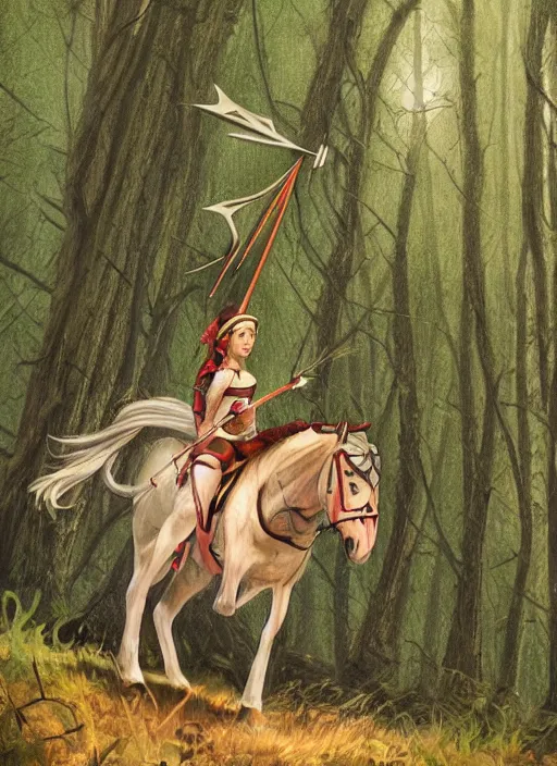 Image similar to an elf with a bow and arrow in her hand rides a horse through the woods. towards a village that is set in a cliff. mystical style