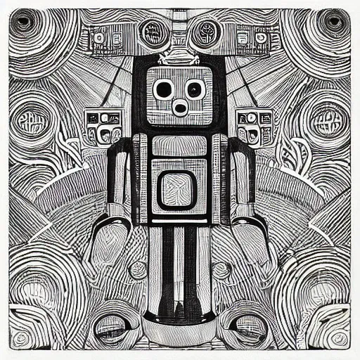 Image similar to “geometrically incomprehensible surreal order of robot world, extremely high detail, photorealistic, intricate line drawings, dotart, album art in the style of James Jean”