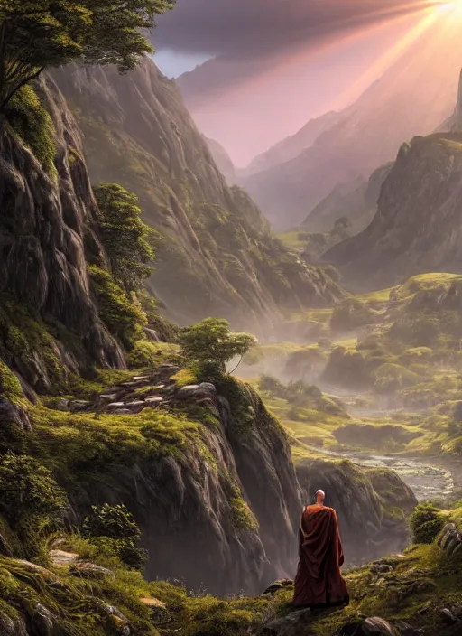 Prompt: an stral monk in lord of the rings scenery landscape, looking out at a vast lush valley at sunrise with a tibetan temple on a mountain in the distance, river, waterfall, god's rays, highly detailed, vivid color, cinematic lighting, perfect composition, 8 k, gustave dore, derek zabrocki, greg rutkowski, belsinski, octane render