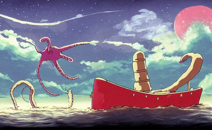 Image similar to a realistic cell - shaded studio ghibli concept art from paprika ( 2 0 0 6 ) of a flying multi - colored octopus from close encounters of the third kind ( 1 9 7 7 ) and small boat in a flooded stonehenge on a misty starry night. very dull colors, wide shot, hd, 4 k, hq