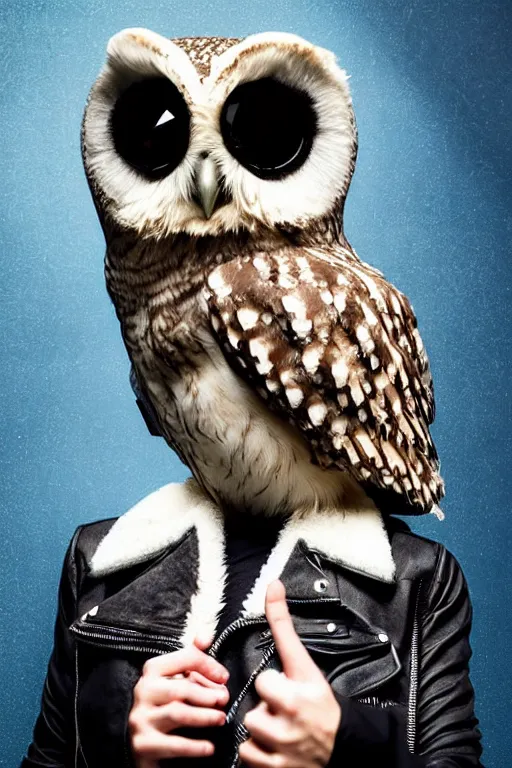 Image similar to cute owl wearing black biker jacket, portrait photo, backlit, studio photo, background colorful