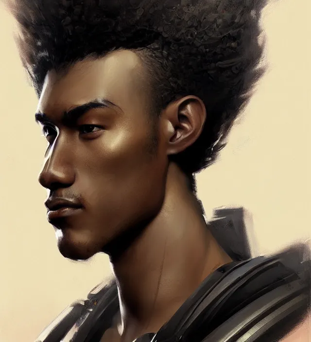 Image similar to portrait of a man by greg rutkowski, he is about 2 5 years old, mixture between afroamerican and japanese, afro hair, geisha tatoos, very tall and slender, he is wearing a futuristic police gear, highly detailed portrait, digital painting, artstation, concept art, smooth, sharp foccus illustration, artstation hq