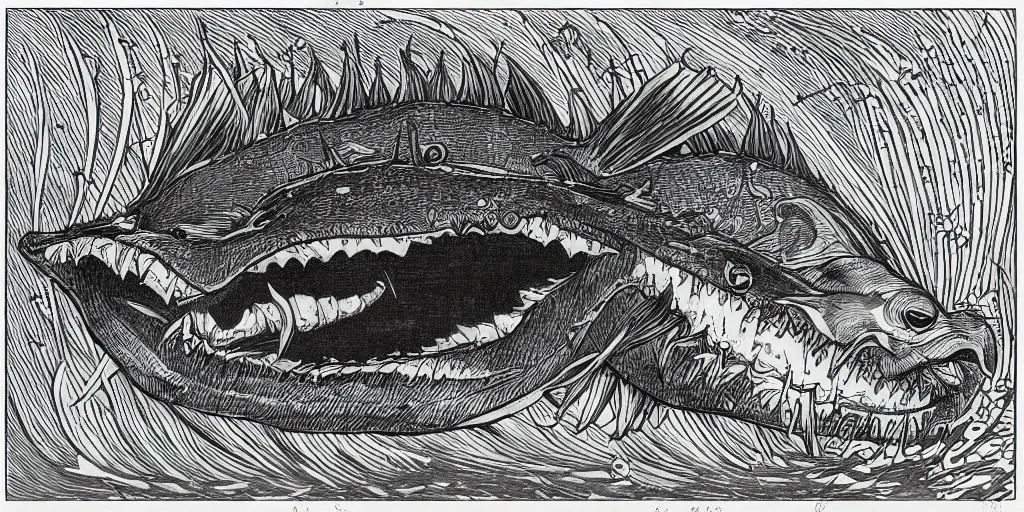 Image similar to illustration of an angler fish, in the stle of yoshi yoshitani, deep sea, large mouth filled with pointed teeth, stylized linework, ornamentation, artistic