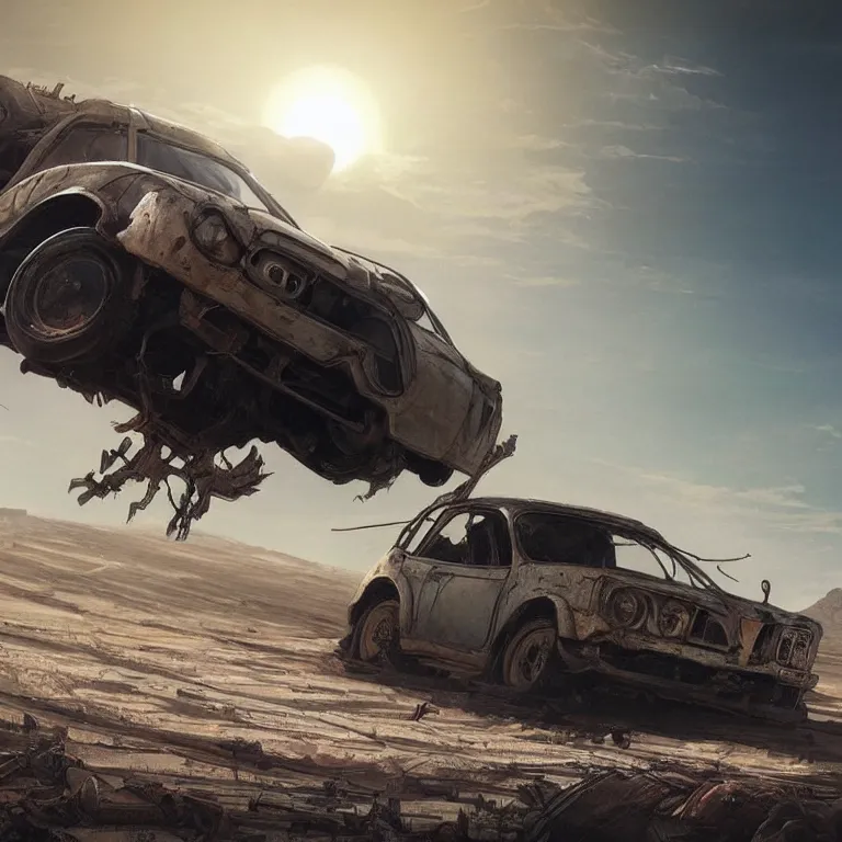 Prompt: A car trudging across a vast desert under an unrelenting sun. award winning. superb resolution. in the art style of greg rutkowski and alphonse mucha. Detailed post-apocalyptic wasteland in background. Hyper realistic. Perfect art.