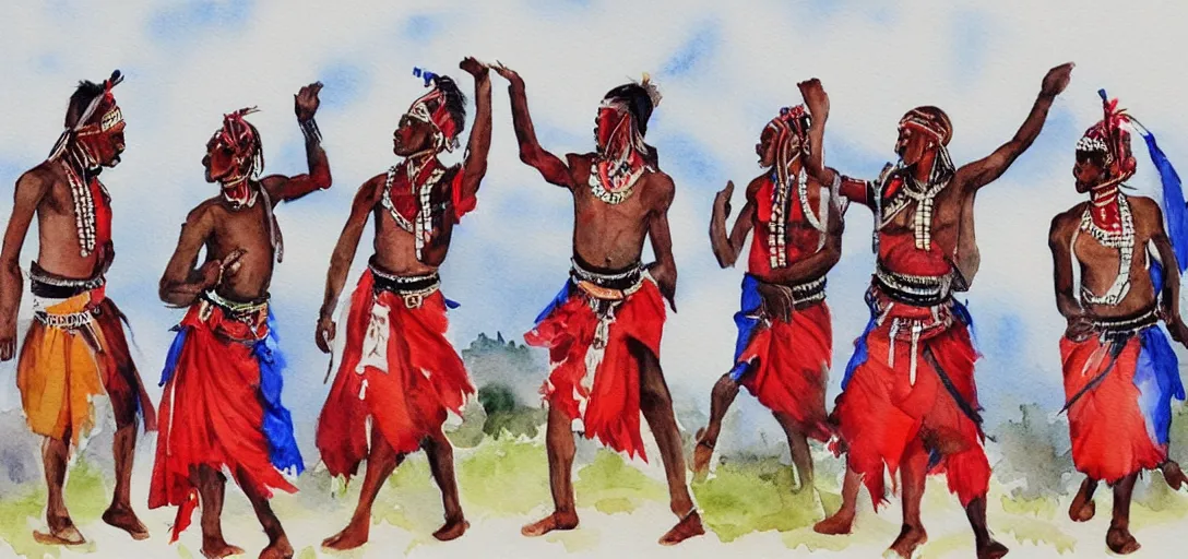 Prompt: a watercolor painting of maasai dancers