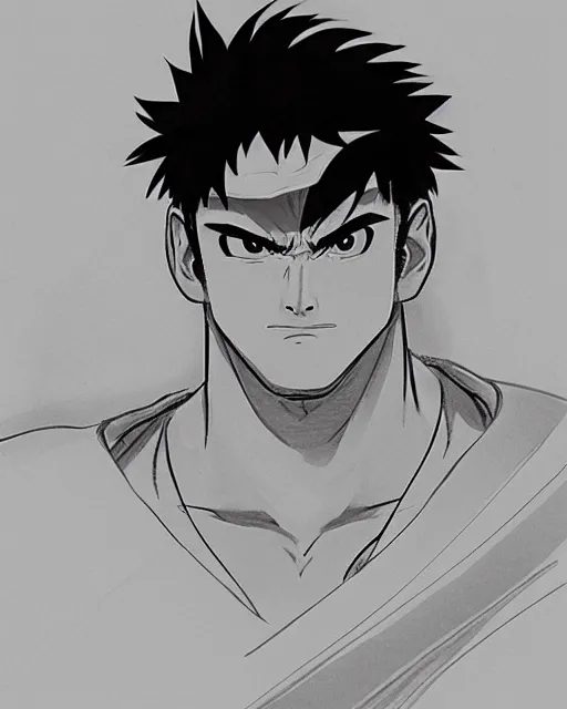 Prompt: ryu from street fighter, sketch by glen keane and jin kim, black and white illustration, concept art, disney
