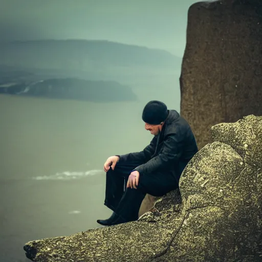 Prompt: a lonesome man, sitting on a cliff on a very rainy day, taking a drag from a cigarette as he watches his life fall apart