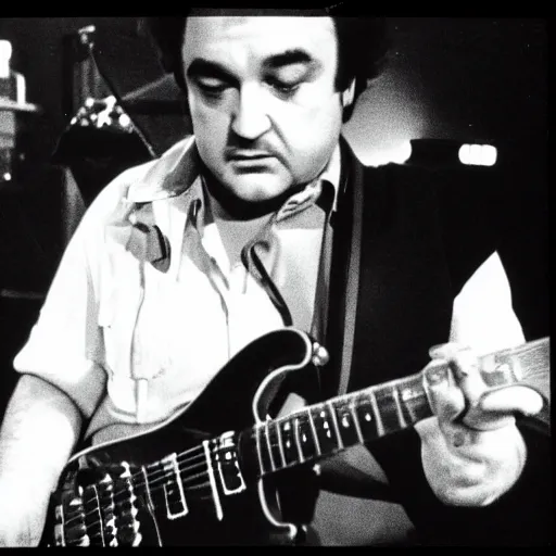 Prompt: john belushi as joliet jake blues playing electric guitar in a darkened nightclub, 3 5 mm film still from 1 9 8 1, grainy.