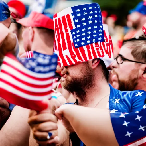 Image similar to maga supporters worshipping a sausage, canon eos r 3, f / 1. 4, iso 2 0 0, 1 / 1 6 0 s, 8 k, raw, unedited, symmetrical balance, full shot