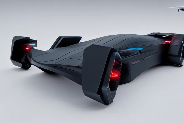 Image similar to cyberpunk batmobile concept inspired sports car, futuristic look, highly detailed body, very expensive, photorealistic camera shot, bright studio setting, studio lighting, crisp quality and light reflections, unreal engine 5 quality render