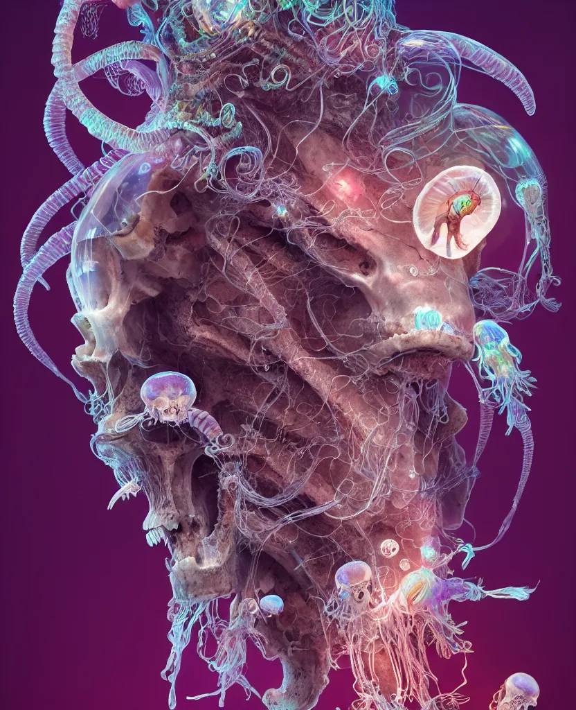 Image similar to goddess close-up portrait ram skull, thorax, x-ray, backbone, jellyfish phoenix head, nautilus, orchid, skull, betta fish, bioluminiscent creatures, intricate artwork by Tooth Wu and wlop and beeple. octane render, trending on artstation, greg rutkowski very coherent symmetrical artwork. cinematic, hyper realism, high detail, octane render, 8k