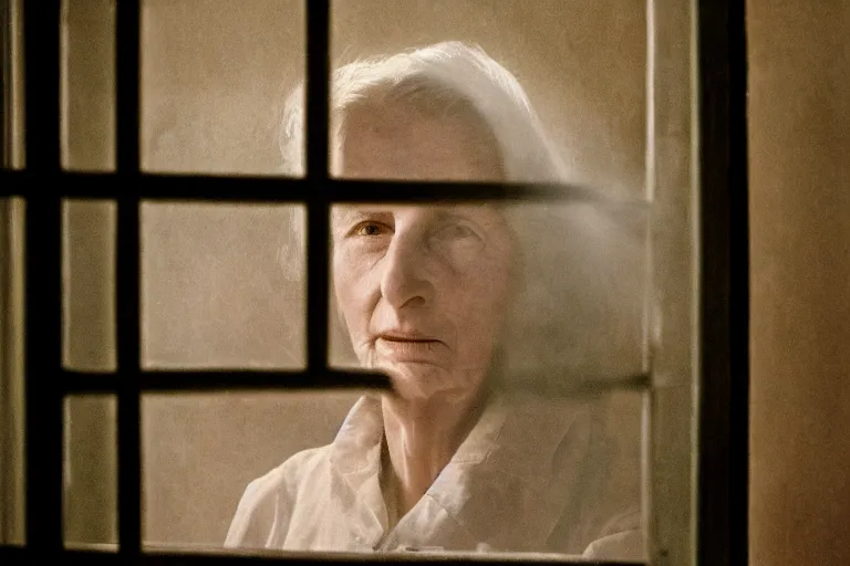 Prompt: a cinematic painting of an old female prisoner inside of jail cell, looking through a steamed up glass window, beautiful lighting, high depth, ultra realistic, artistic, by annie leibovitz