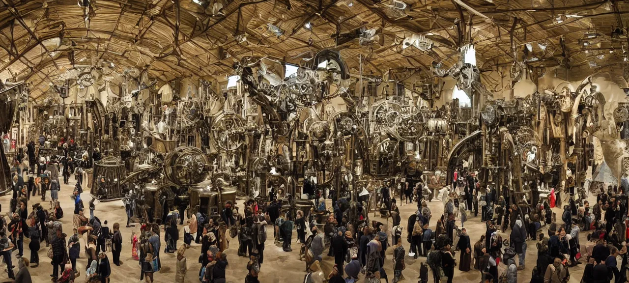 Prompt: A wide view into a Middle Ages Exhibition full of thousands of different old mechanical futuristic mechanisms, huge room of a old museum